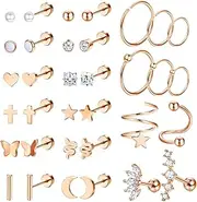 [Kakonia] 20G Surgical Steel Stud Earrings for Women Multipack Cartilage Earring Studs Hoops CZ Heart Star Flat Back Earrings Helix Piercing Jewellery