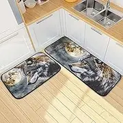 XYMZR Wolf Full Moon Kitchen Mat for Floor, 2 Piece, Non Slip Washable Kitchen Rugs for Kitchen & Home Decor, Sink, Bathroom 19.7” x 27.6” + 19.7” + 47.2”