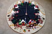 47" Hand made Wool Flannel Santa Reindeer Snowman Village CHRISTMAS TREE SKIRT