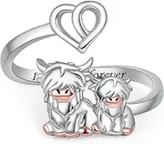 [ACJNA] Highland Cow Ring for Women 925 Sterling Silver Adjustable Mother Daughter Rings 2 Highland Cows Heart Gifts, Sterling Silver, No Gemstone