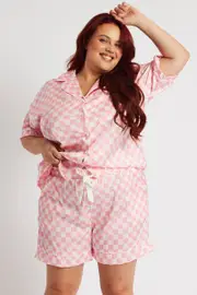 Pink Check Satin Pyjama Check Pj Two Piece Pj Set