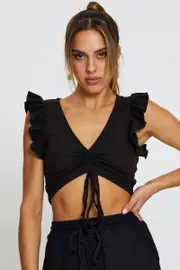 Black Top Flutter Sleeve Ruche - Size XL, Women's Tshirt Semi Crop