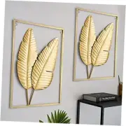 Gold Metal Wall Decor Set of 2 Wall Hanging Home Decor with Frame, Modern Leaf