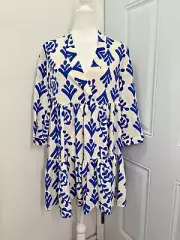 Zara Dress Womens Medium Babydoll White Blue Boho Beachy Coastal Nautical Tiered