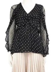 Black Silk Embroidered Polkadot Blouse