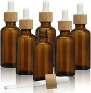 COSIDEA 6pcs Empty Brown Round 50ml 1.67oz amber Glass oil dropper bottle for Serum essence oil bottles with bamboo cap