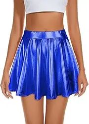 [Durio] Women's Skirt Short Metallic Pleated Skirt Mini Skater Skirt Glitter Rave Party High Waist Elastic Pleated Skirt
