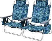 Costway 2-Pack Backpack Beach Chair, 5-Position Outdoor Reclining Chairs w/Head Pillow, Storage Pouch, Towel Bar, Cup Holders & PEVA Ice Pack, Folding Camping Chair (Navy Blue)
