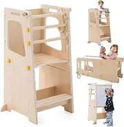 Gewitt Toddler Standing Tower, 4 in 1 Kitchen Stool Helper with Whiteboard, Kids Step Stool with Convertible Table and Chair, Toddler Helper Tower with Adjustable Height for Counter,Sink