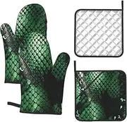 4 pcs Oven Mitts and Pot Holders Set 500°F Heat Resistant Oven Gloves and Hot Pads Kitchen Mittens Green Snakeskin Cooking Gloves Potholders for Baking Grilling