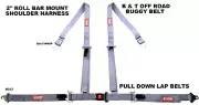 OFF ROAD 4 POINT SEAT BELT RACE HARNESS PULL DOWN LAP BELTS ROLL BAR MOUNT GRAY