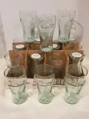 (18) Original 16 Oz "Coca Cola" Embossed Ribbed Georgia Tint Green Coke Glasses