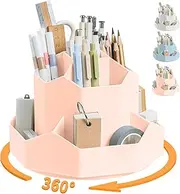 360 Rotating Pen Holder Desk Accessories Large Capacity Pencil Makeup Storage Box Desktop Organizer School Office Stationery (Pink)