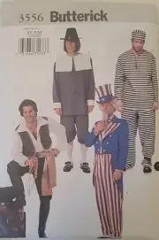 Butterick 3556 Pattern Mens Costumes Pilgrim Prisoner Uncle Sam Pirate Sz XS S M