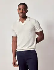 Hawes & Curtis Cream Open Collar Cable Knitted Cotton Polo Shirt | Short Sleeve Size: Large
