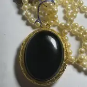 Locket Necklace HOBE Black Onyx 50ct Big Stash Majorca pearl vintage unused 21”