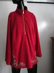 NWT Bob Mackie Wearable Art Size L Red Fleece Metallic Embroidery Half Zip Tunic