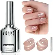 Vishine Glassy Cat Eye Gel Nail Polish, 16ml Nude Glitter Holographic Gel Polish with Magnet, Reflective Translucent Skin Nude #415