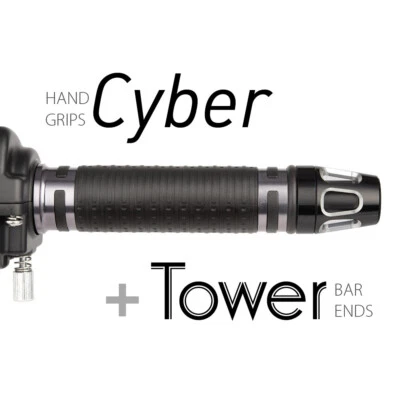 KiWAV Motorcycle Cyber Grips Dark Gray with Tower Bar Ends Silver/Black