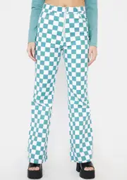 [Cute Mistake] Teal Checkered Sass Flares