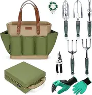Garden Tool Tote Solid Bag with 11 Piece Hand Tools,Best Gardening Gift Set Organizer with Vegetable Garden Tool Kit,Free Kneeler Pad,Digging Claw Gloves and All Necessary Gardening Accessories