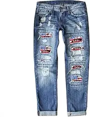[TACSTRUN] 4Th of July American Flag Patch Print Ripped Boyfriend Jeans for Women
