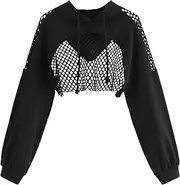 [Floerns] Women's Mesh Contrast Long Sleeve Pullover Crop Top Hoodie