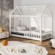 Oikiture Kids Bed Frame With Single Mattress Set House Frame White