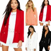 Women Ladies Gold Button Slim Double Breasted Suit Blazer Duster Coat Jacket UK