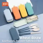 4Pcs Portable Tableware Set Wheat Straw Dinnerware Detachable Cutlery Travel Tab
