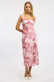 Pink Floral Midi Dress Gathered Bust Mesh - Size 16XL, Women's Midi Dress