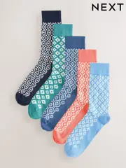 Blue/Orange/Green Tile Pattern Socks 5 Pack (AC6459) | $25