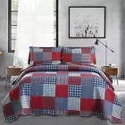 Plaid Quilt Set King Bedspread Coverlet Set Red Blue White Patchwork King Size Q