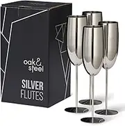 OS Oak & Steel ENGLAND 4 Elegant Stainless Steel Champagne Flutes Glasses with Gift Box, Unbreakable, 10oz - Silver - Portable for Travel, Camping, Outdoor, Picnics (S0927)