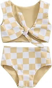 [Dewadbow] Toddler Baby Girl Two Piece Swimsuit Checkered Print Knotted Swim Top and Bottom Tankini Bikini Set Kid Bathing Suit