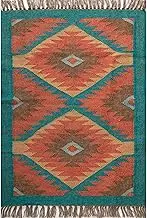 Handwoven Wool Kilim Rug (Duree/Duri), Geometric Pattern (Turquoise & Orange, Small)