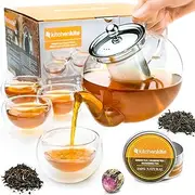 Tea Kettle Infuser Stovetop Gift Set - Glass Teapot with Removable Stainless Steel Strainer, Microwave & Dishwasher Safe, Tea Pot with Blooming, Loose Leaf Tea Sampler & 4 Double Wall Cups, Tea Maker