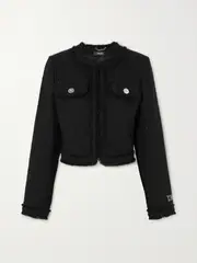 [Versace] Versace - Cropped Sequined Frayed Tweed Jacket - Black - IT42 IT 42 Black