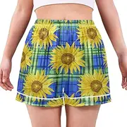 [RPLIFE] Yellow Sunflowers Green Blue Gingham Sleep Shorts for Women, Cute Light Weight Shorts for Women, Summer Pajamas