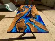Made to Order Walnut Wood Ocean Sea Epoxy Dining Table - Blue Resin epoxy table