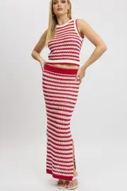 Red Stripe Crochet Knit Skirt Elastic Waist Midi Lined - Size 14L, Women's Knit Skirt