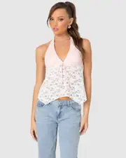 EDIKTED Womens Esme Sheer Lace Halter Top WHITE