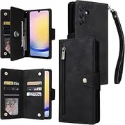 [YocoverTech] for Samsung A15 5G Case,for Galaxy A15 5G Wallet Case[6 Card Slots and 1 Zipper Coin Pocket] PU Leather Stand Flip Cover with Wrist Strap[6.5"]-Black