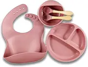Silicone Feeding Set - Plates and Bowls Set for Baby-Led Weaning - Supplies With Bowl, Plate, Bibs, Spoons, Fork - 6 Months (Deep Pink)