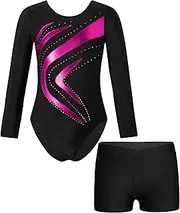 [Jhaoyu] Kids Girls Gymnastics Leotards With Shorts Sparkly Long Sleeve Dance Bodysuit Fitness Workout Sportwear