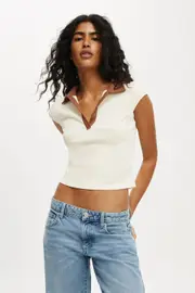 [Cotton On Women] Cotton On Women - Alice Deep V Polo - Creme fraiche/walnut S CREME FRAICHE/WALNUT