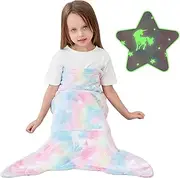 Viviland Kids Mermaid Tail Glow in The Dark - Flannel Mermaid Blanket Gifts for Girls - Luminous Star Super Soft Tie Dye Girls Toys - Unicorn 17" 39"
