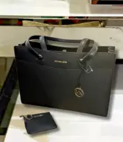 Michael Kors Large MF Pocket Tote Black Leather & Coin Pouch Card Wallet Set
