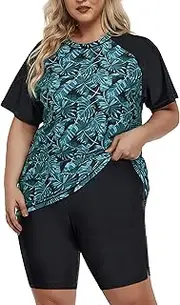 [Inno] Women's Plus Size 2 Piece Rash Guard Swimsuits Short Sleeve with Boyshorts UPF 50+ Surfing Swimwear 1X 2X 3X 4X 5X 6X, Set (Shirt & Shorts), Green Floral, X-Large