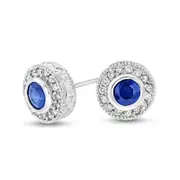 Blue Sapphire and 0.2 CT. T.W. Diamond Frame Vintage-Style Circle Stud Earrings in 14K White Gold